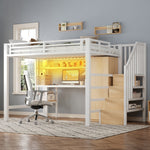 Metal Loft Bed with Desk, Shelf, Wardrobe and Storage Stairs, 140x200cm, White