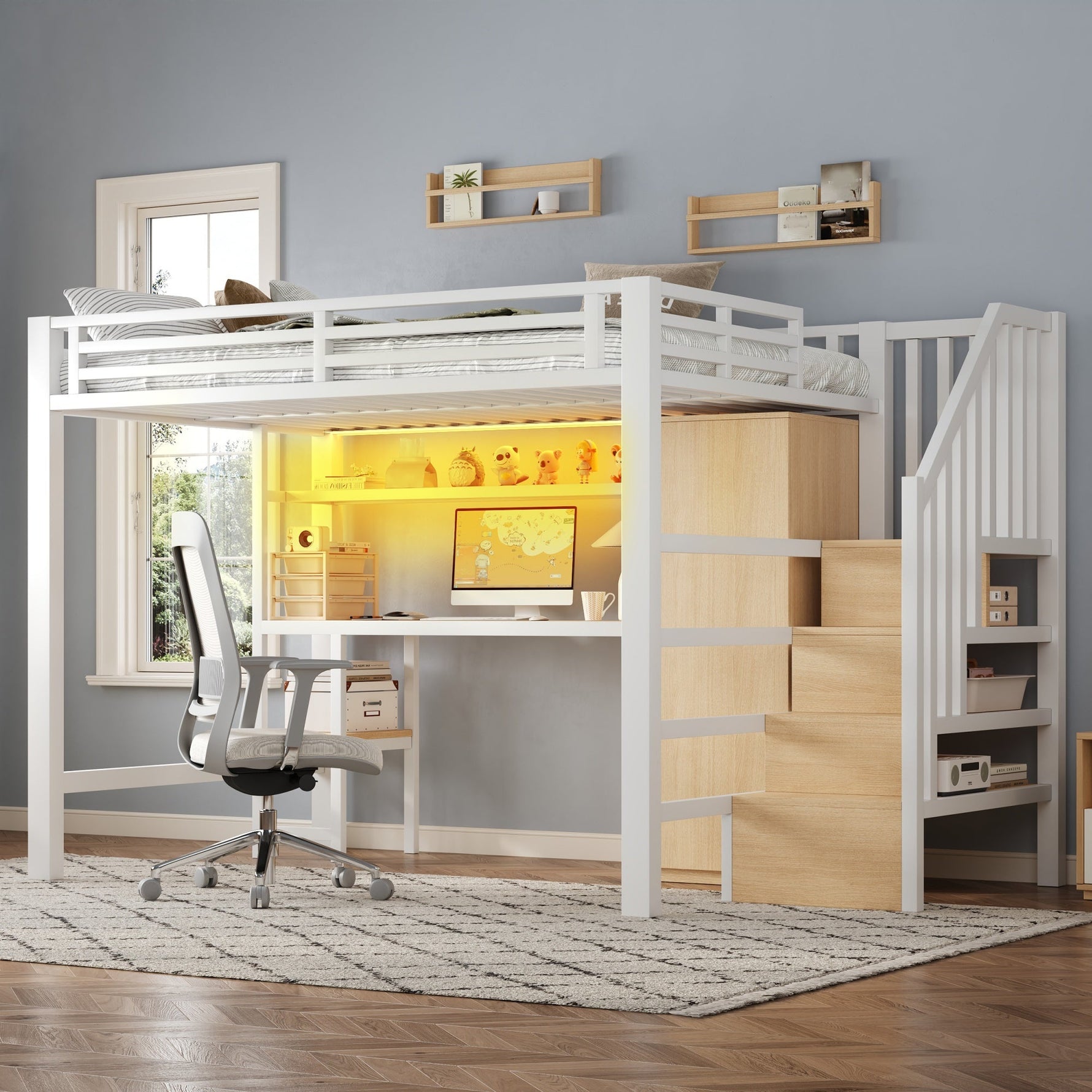 Metal Loft Bed with Desk, Shelf, Wardrobe and Storage Stairs, 140x200cm, White