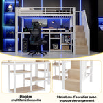 Loft Bed 90x200cm with Ladder Storage & LED, White Metal Frame