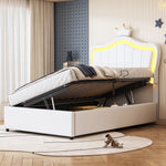 Upholstered Children's Bed 90x200 cm, Crown Design, LED Lighting, Hydraulic Storage, White Artificial Leather