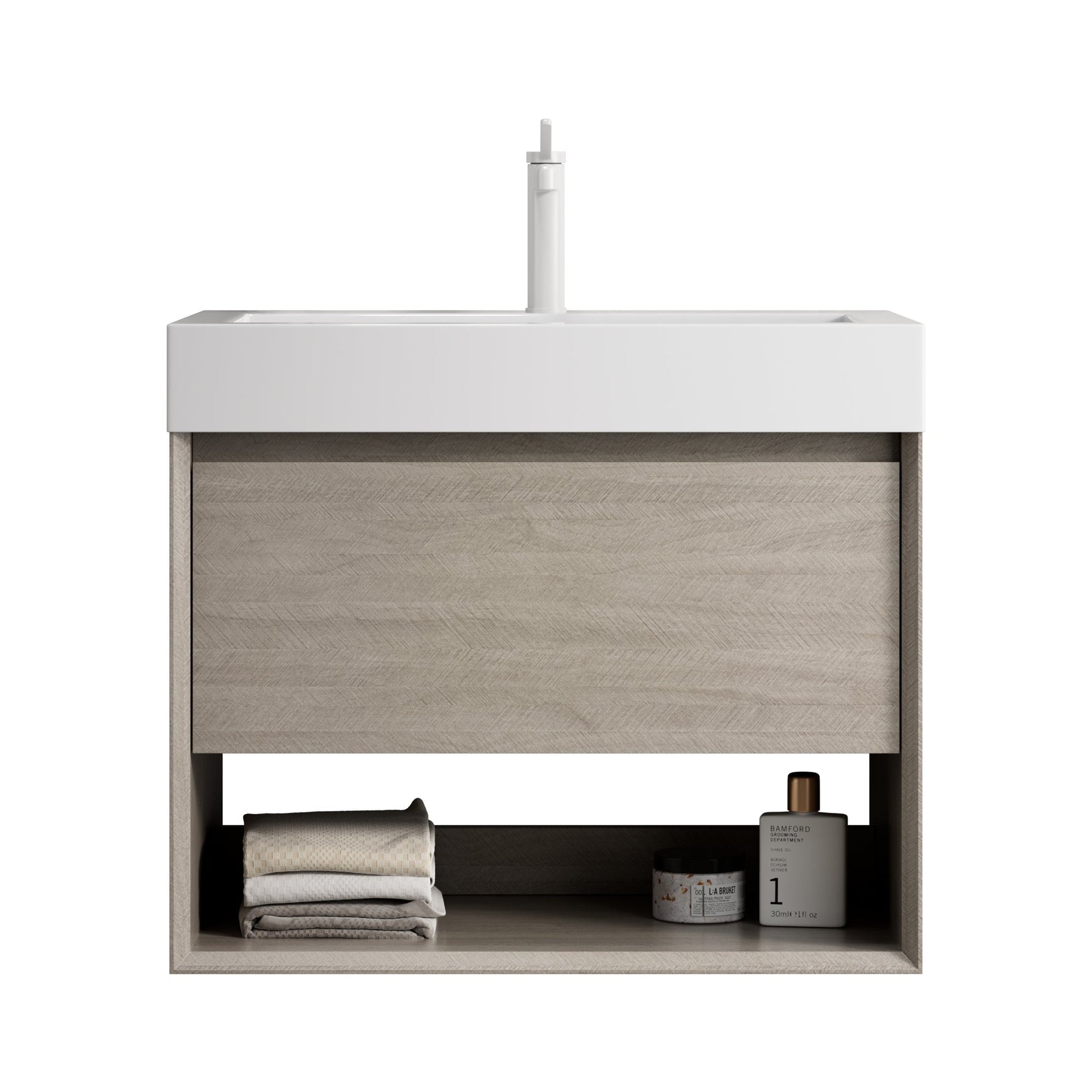 Wall-Mounted Bathroom Vanity Unit with Integrated Resin Basin, Drawer and Shelf, Light Oak Wood Grain