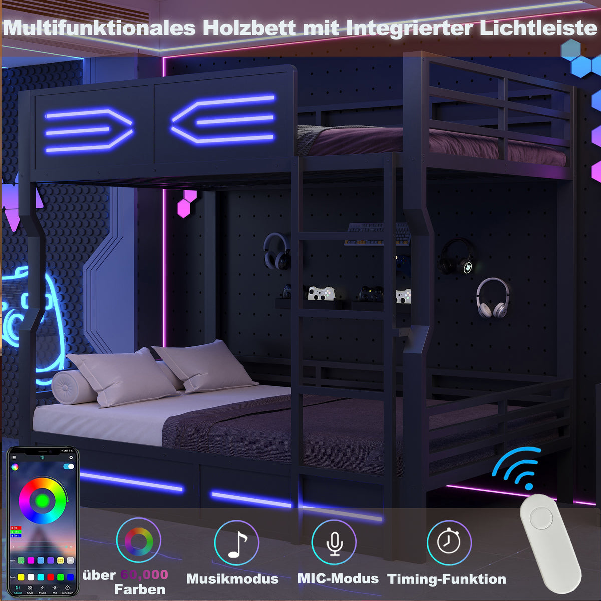 Loft Bed 140x200cm with LED Lighting, Black Iron