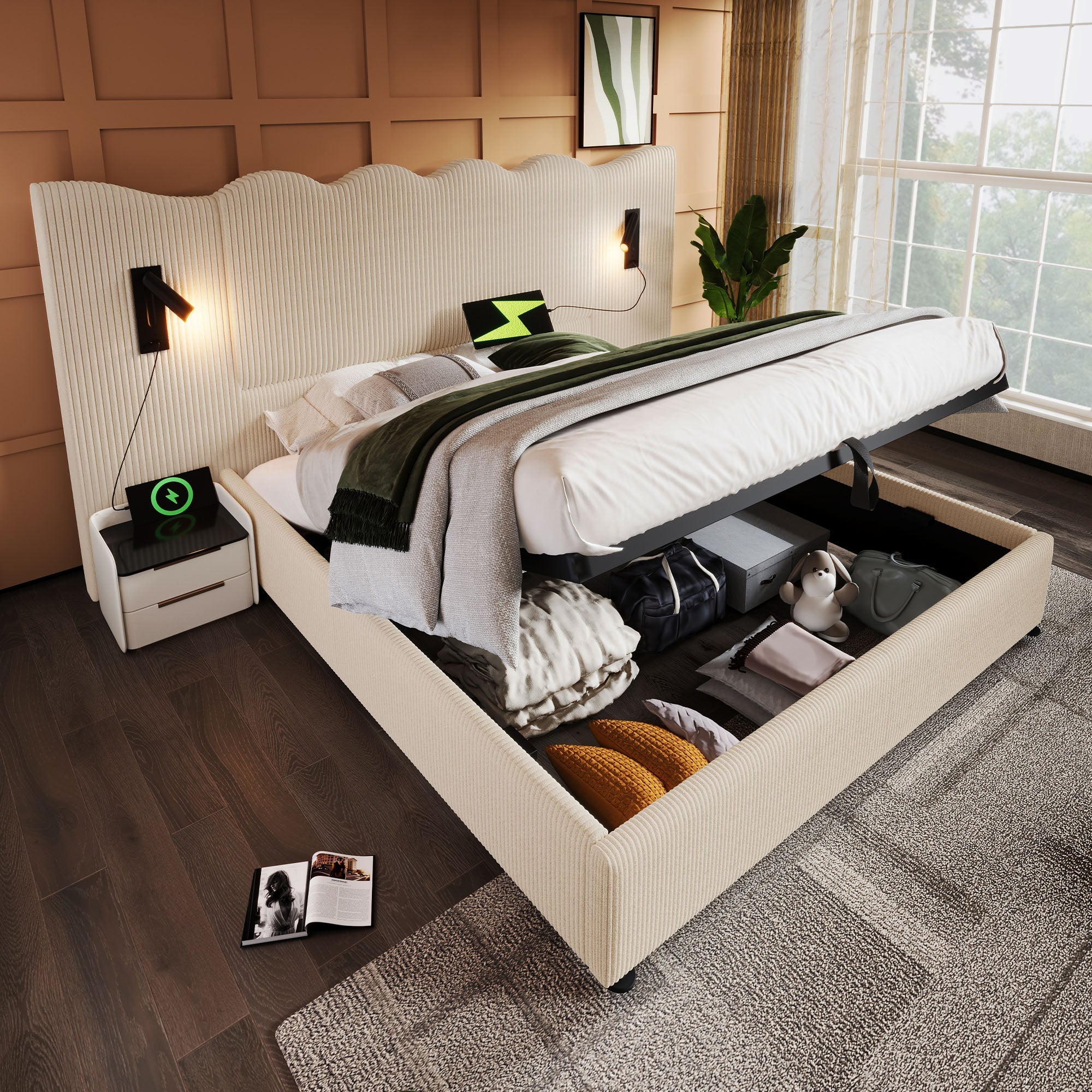 Upholstered Double Bed 180x200 with Reading Lamp, USB Type-C and Storage, Beige-White Corduroy Fabric