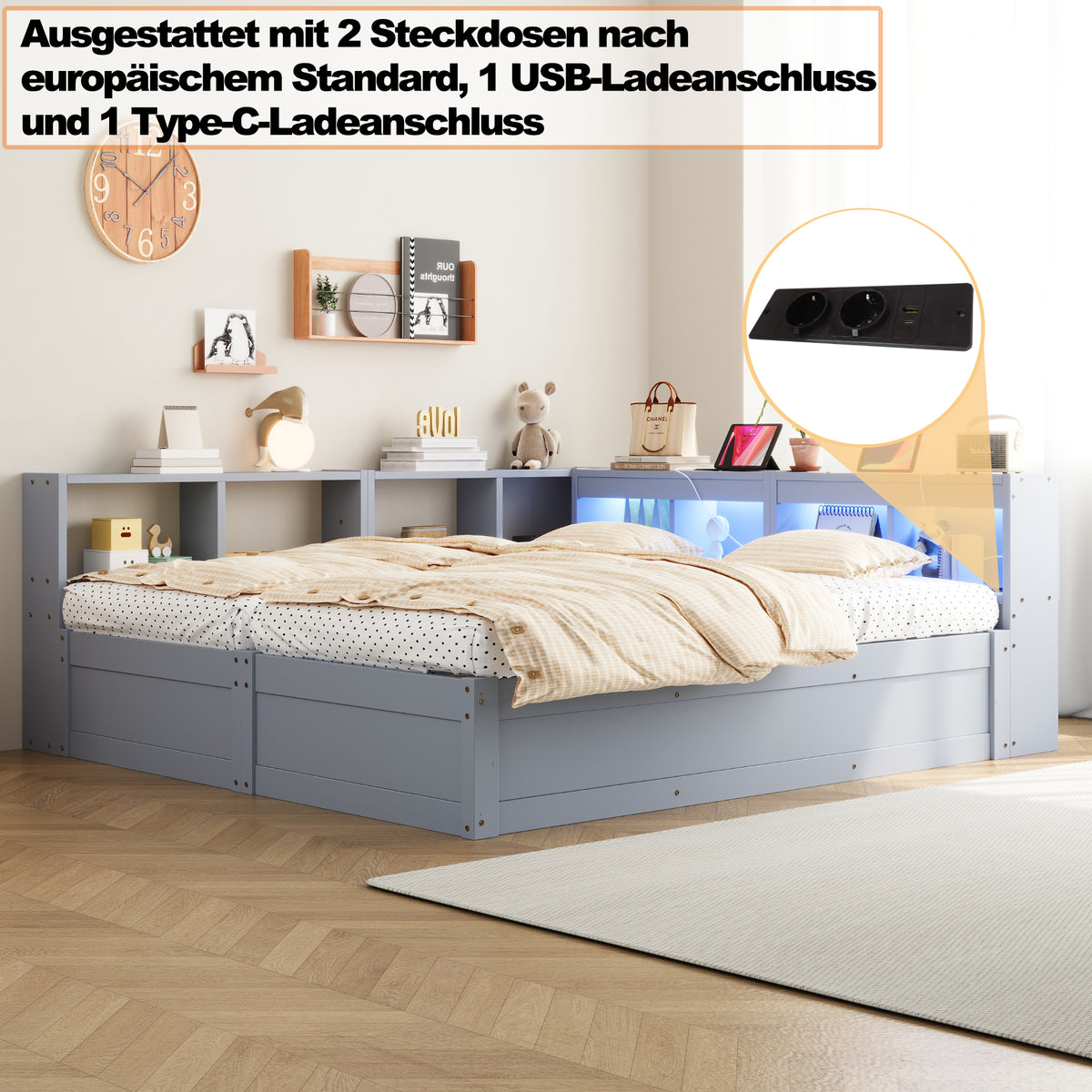 Sofa Bed 90/180x200cm with Hydraulic Storage & LED, Grey Wood