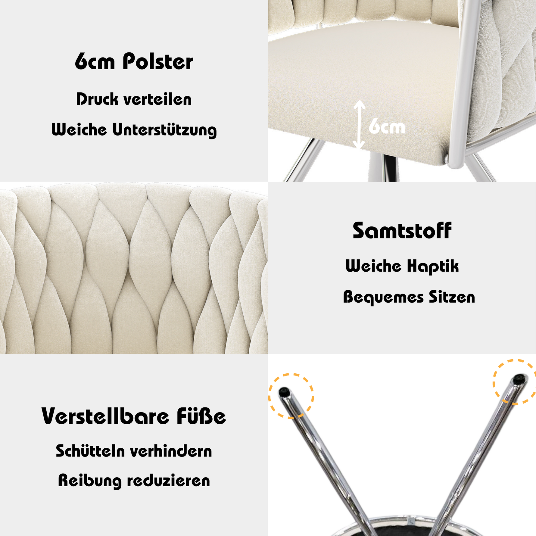 Velvet Dining Chair Set of 6 Swivel Metal Legs - Beige/Silver