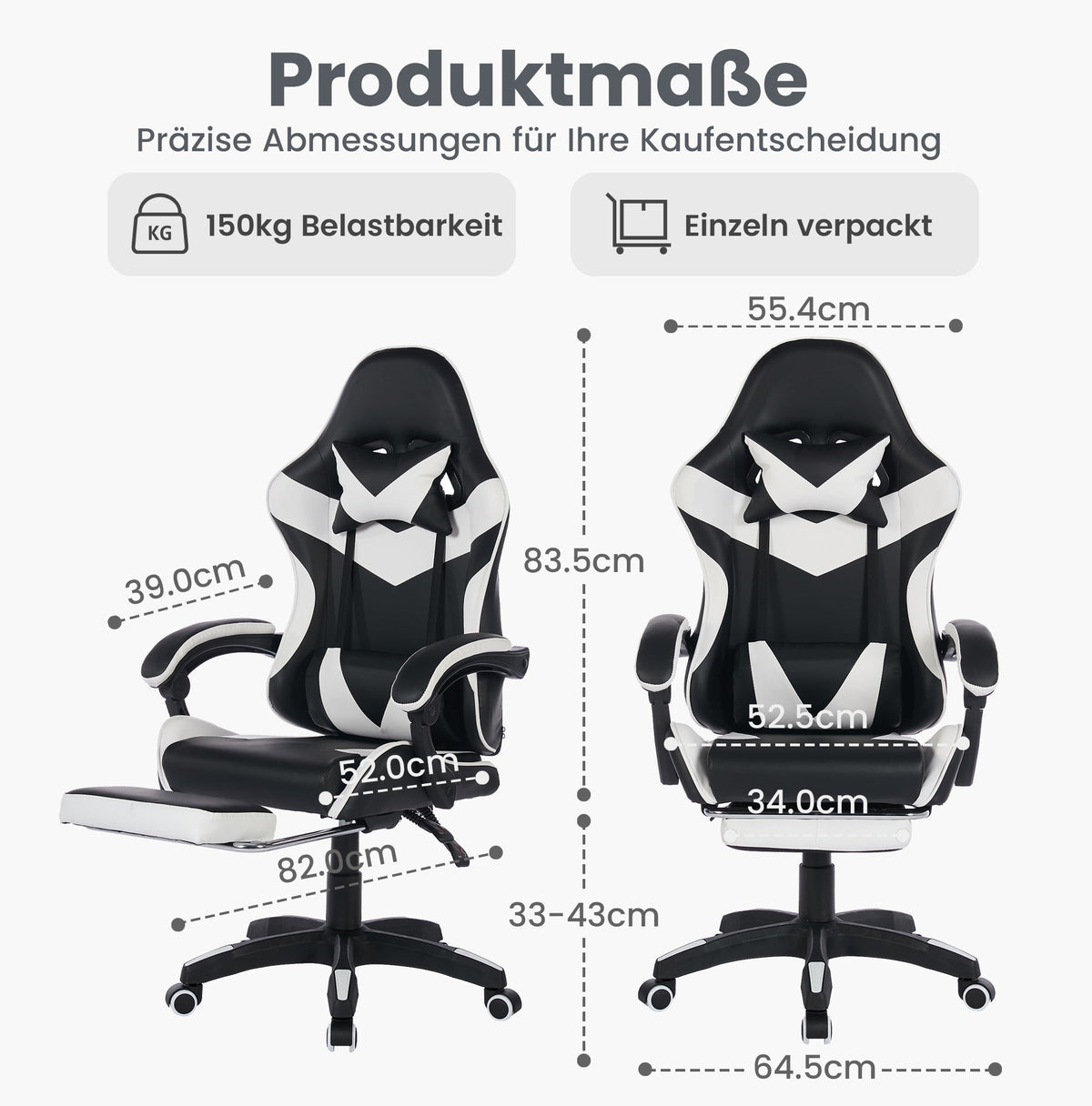 Gaming Chair 360° Swivel Ergonomic Racing High-Back Adjustable Footrest Headrest Lumbar Support - Black & White Leather