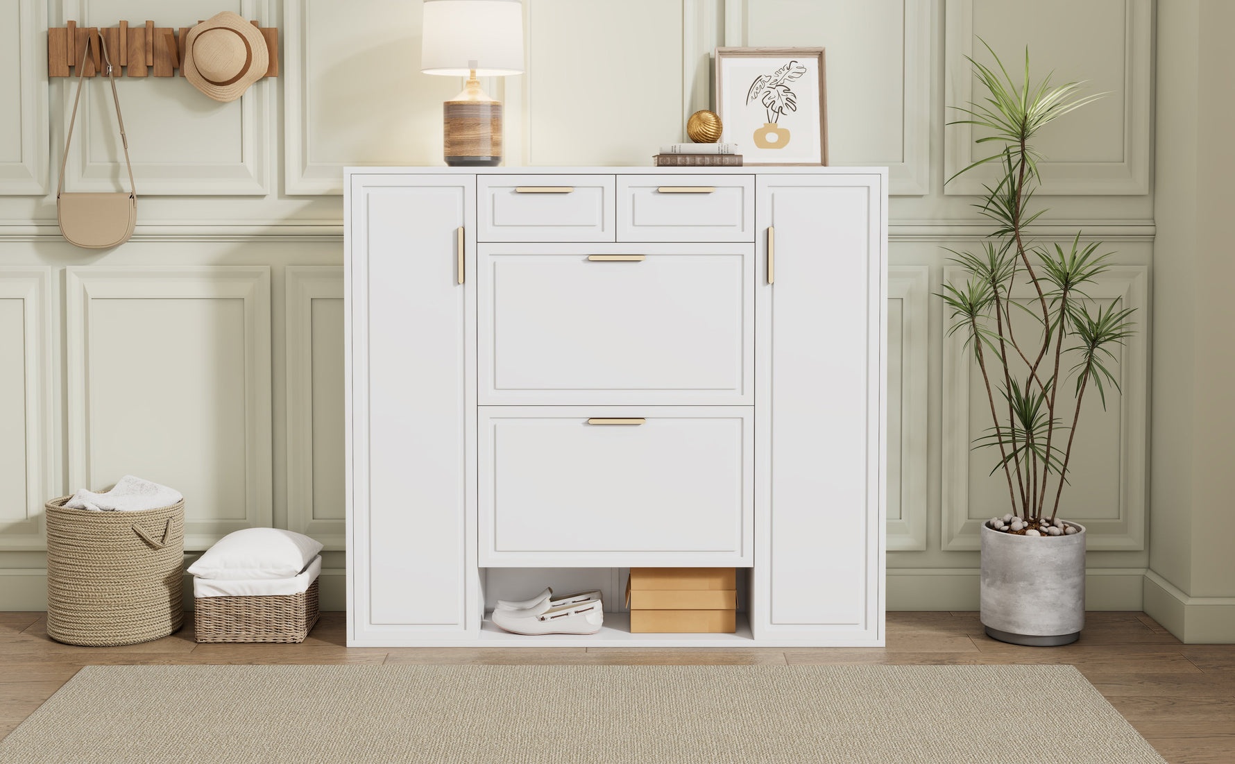 Modern shoe cabinet with adjustable shelves, 2 drawers, folding and 2 doors, white
