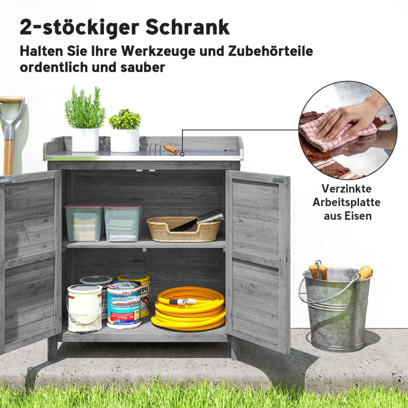 Garden Cabinet Tool Shed Potting Table Galvanized Worktop 2 Shelves - Grey