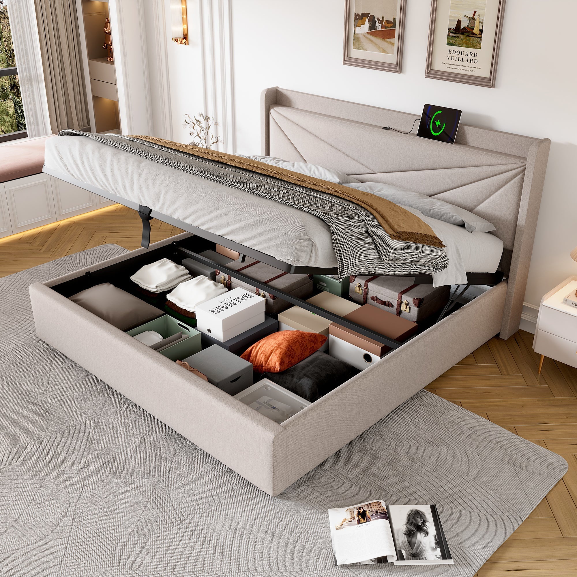 Upholstered Double Bed with Storage and USB Charging, 180x200cm, Grey Linen