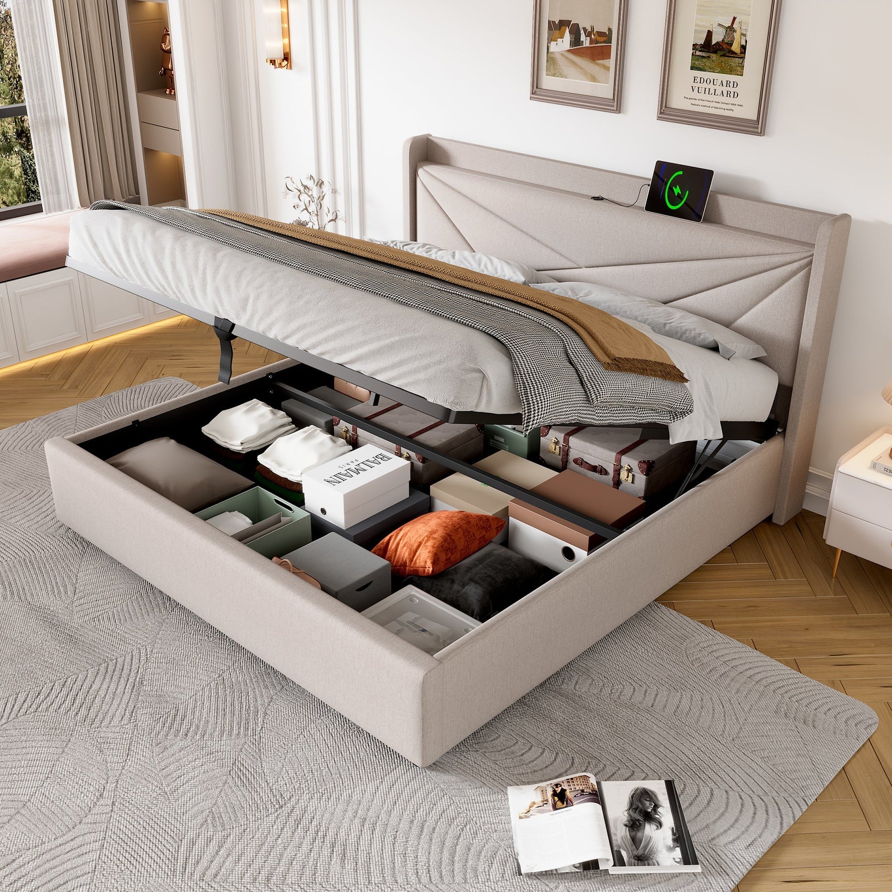 Upholstered Double Bed with Storage and USB Charging, 180x200cm, Grey Linen