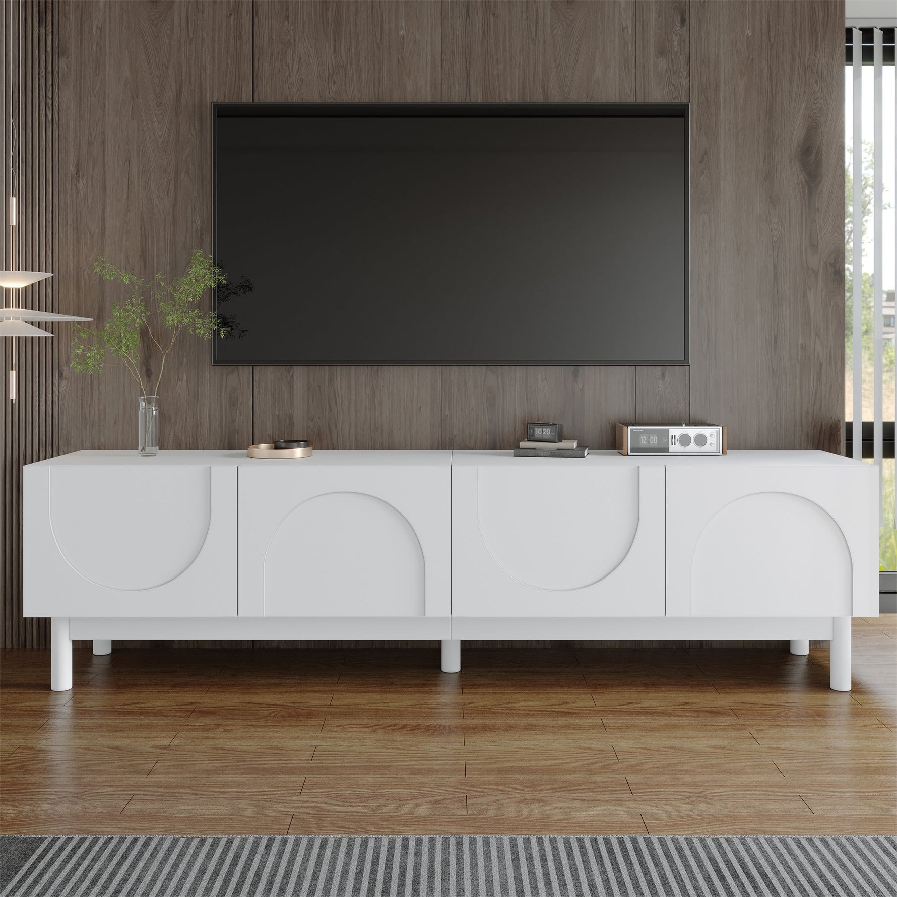 Lowboard TV Cabinet with Curved Doors, Shelves & Stabilizing Legs