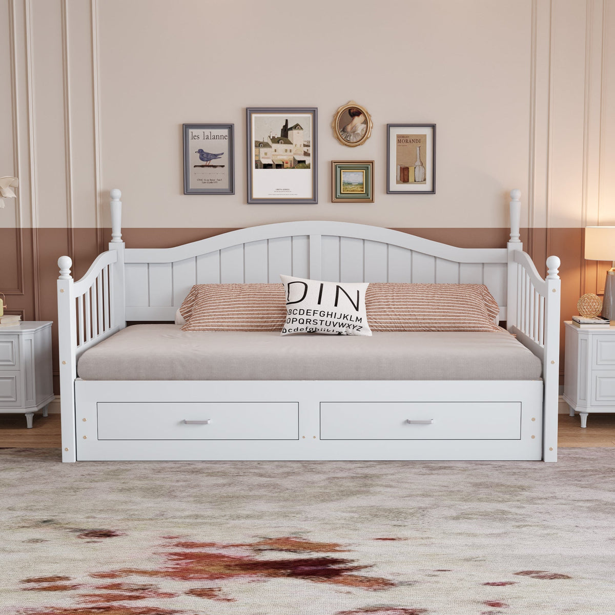 Sofa Bed, Pull-Out Multifunctional with Drawers & Slatted Frame, Pinewood White