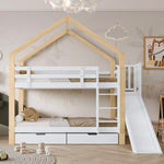 House Bunk Bed with Slide & 2 Drawers, 90x200cm, Solid Wood White