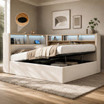 Daybed 140x200 cm with Storage, LED & USB, Beige Velvet