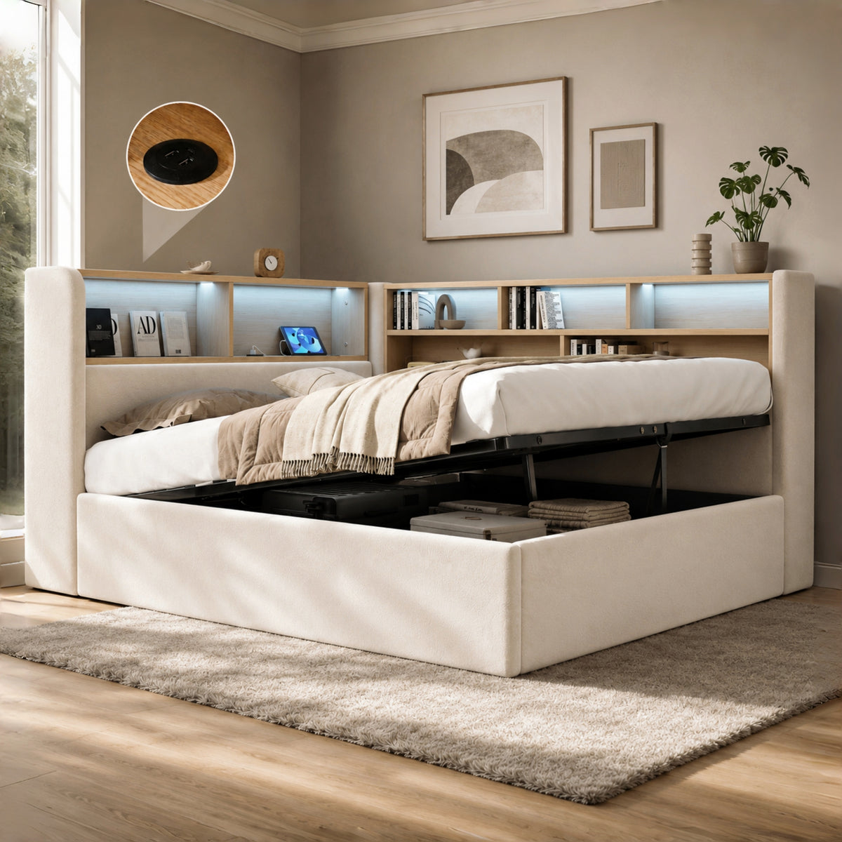Daybed 140x200 cm with Storage, LED & USB, Beige Velvet