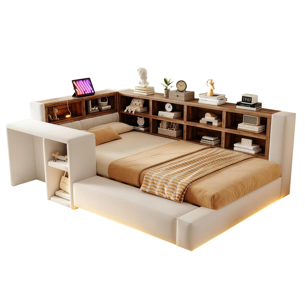Upholstered Bed 90x200cm with Storage & LED Light, Beige