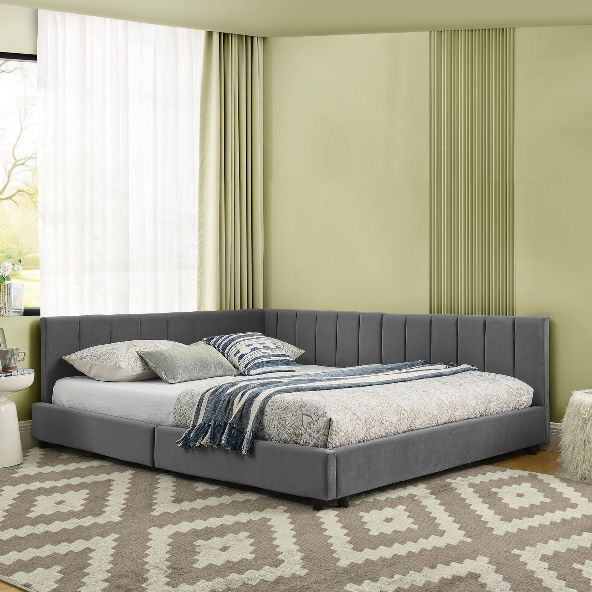 Double Bed 140x200cm High Backrest, Dark Grey Velvet