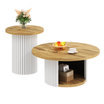 Coffee Table Double Round Multifunctional Natural Wood Slats