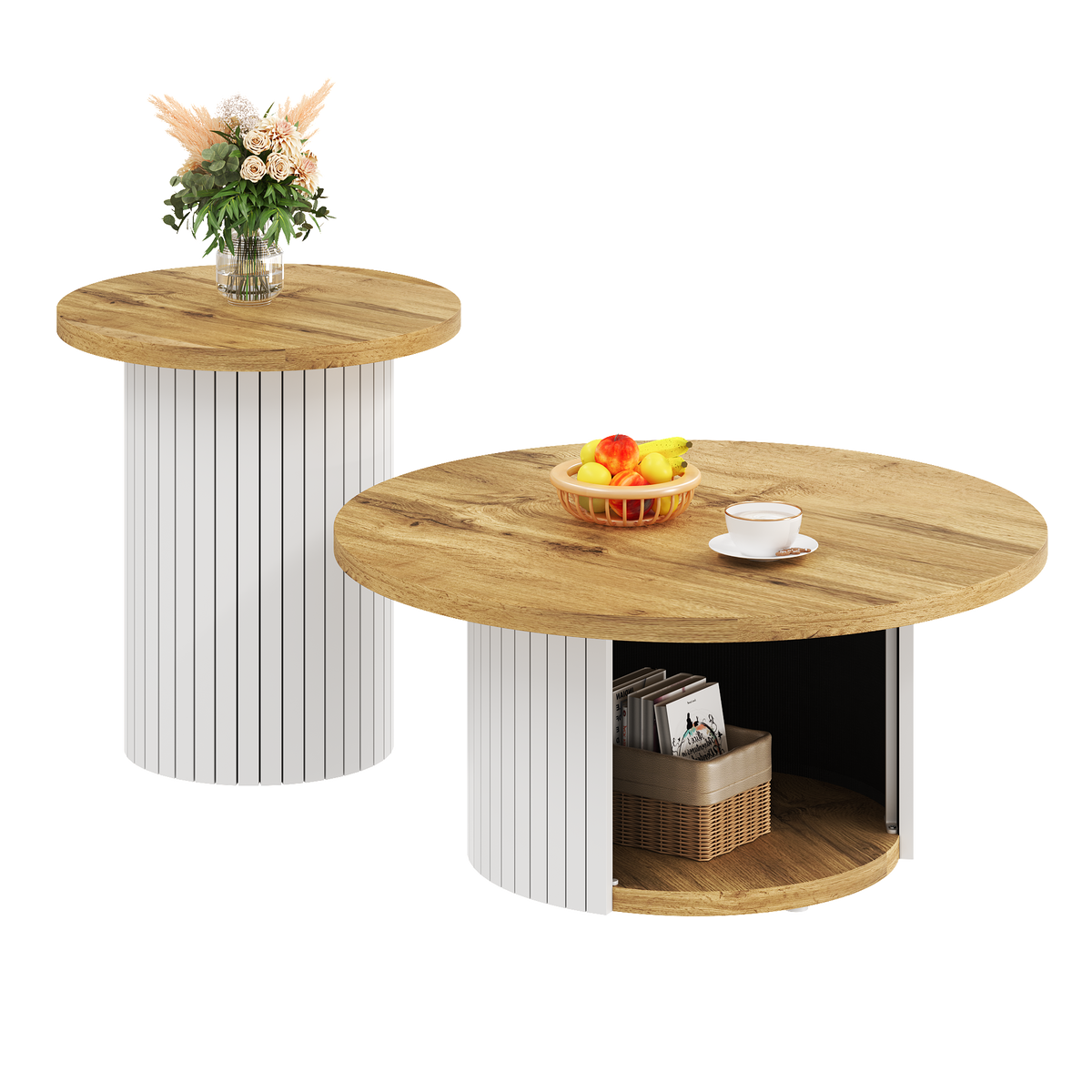 Coffee Table Double Round Multifunctional Natural Wood Slats