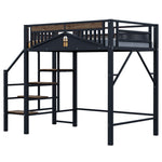 Metal Loft Bed, 140x200cm, Window Design, Safety Ladder, Storage, Black