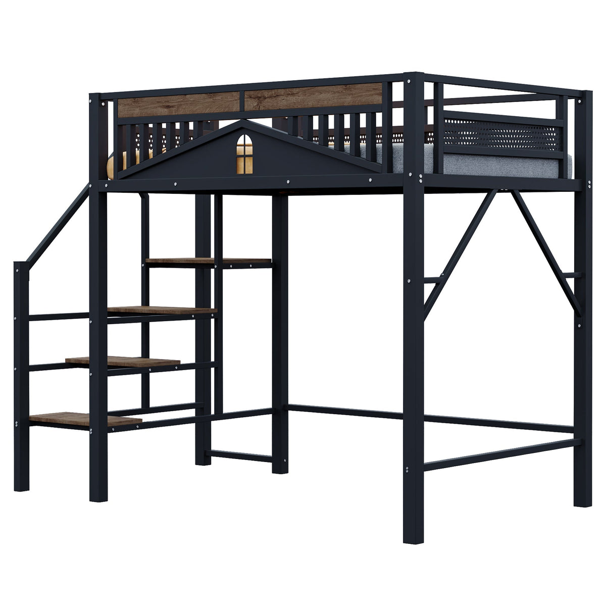 Metal Loft Bed, 140x200cm, Window Design, Safety Ladder, Storage, Black