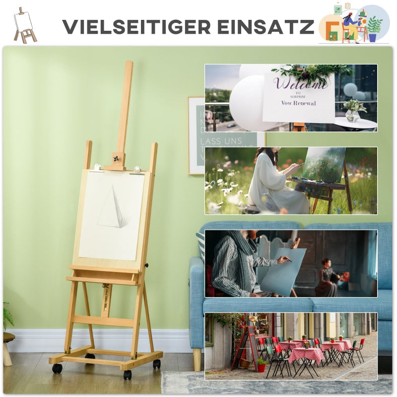Artist's Easel, Height Adjustable 4 Wheels, Natural + Black