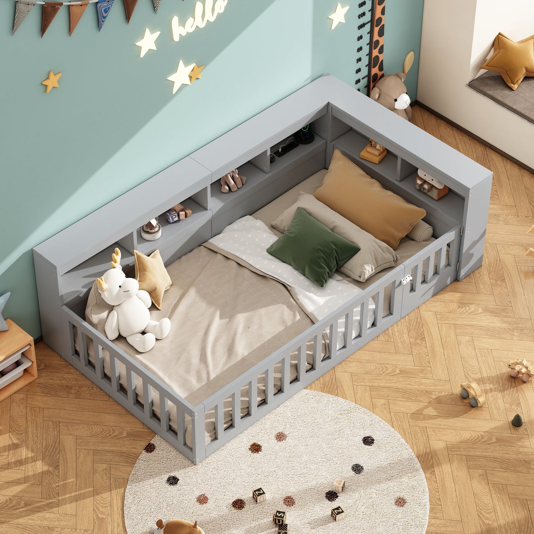 Daybed Sofa Bed 90x200cm Storage USB/Socket Railing - Grey