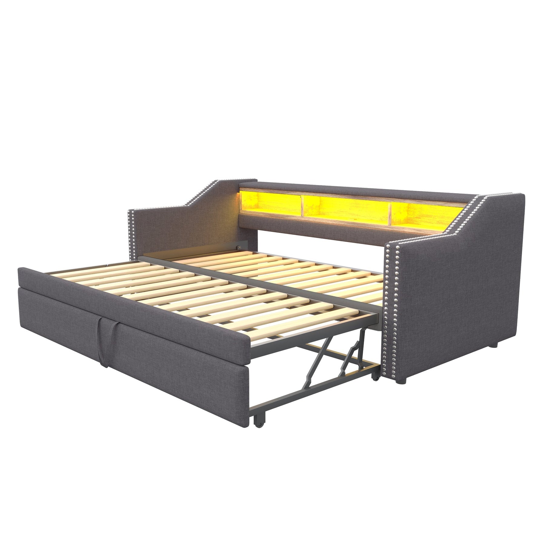 Upholstered Bed Pull-Out Sofa Bed 90/180 x 190 cm with LED & USB, Dark Grey