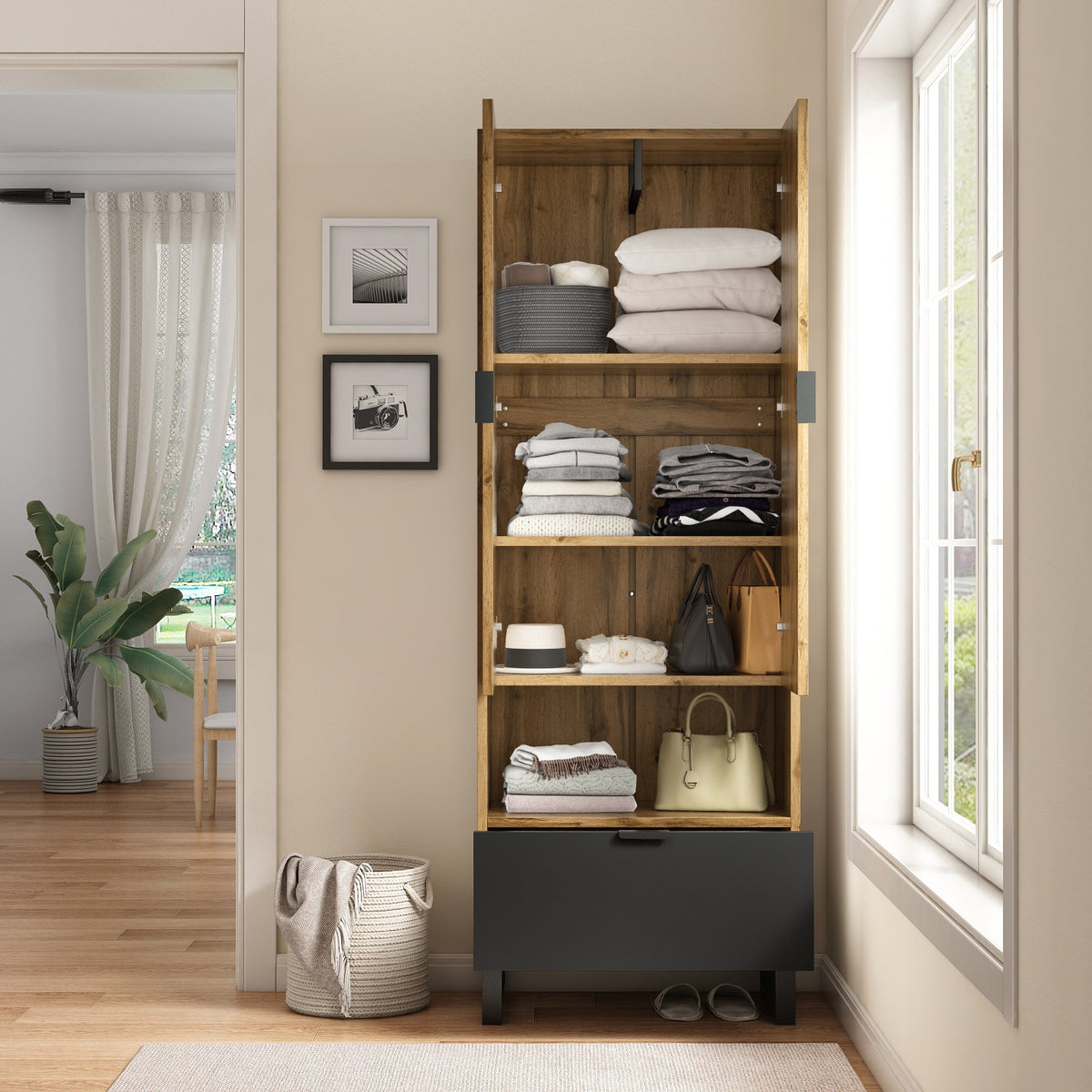 Wardrobe, 1 Drawer, Adjustable Shelves, Clothes Rail, Wood and Black