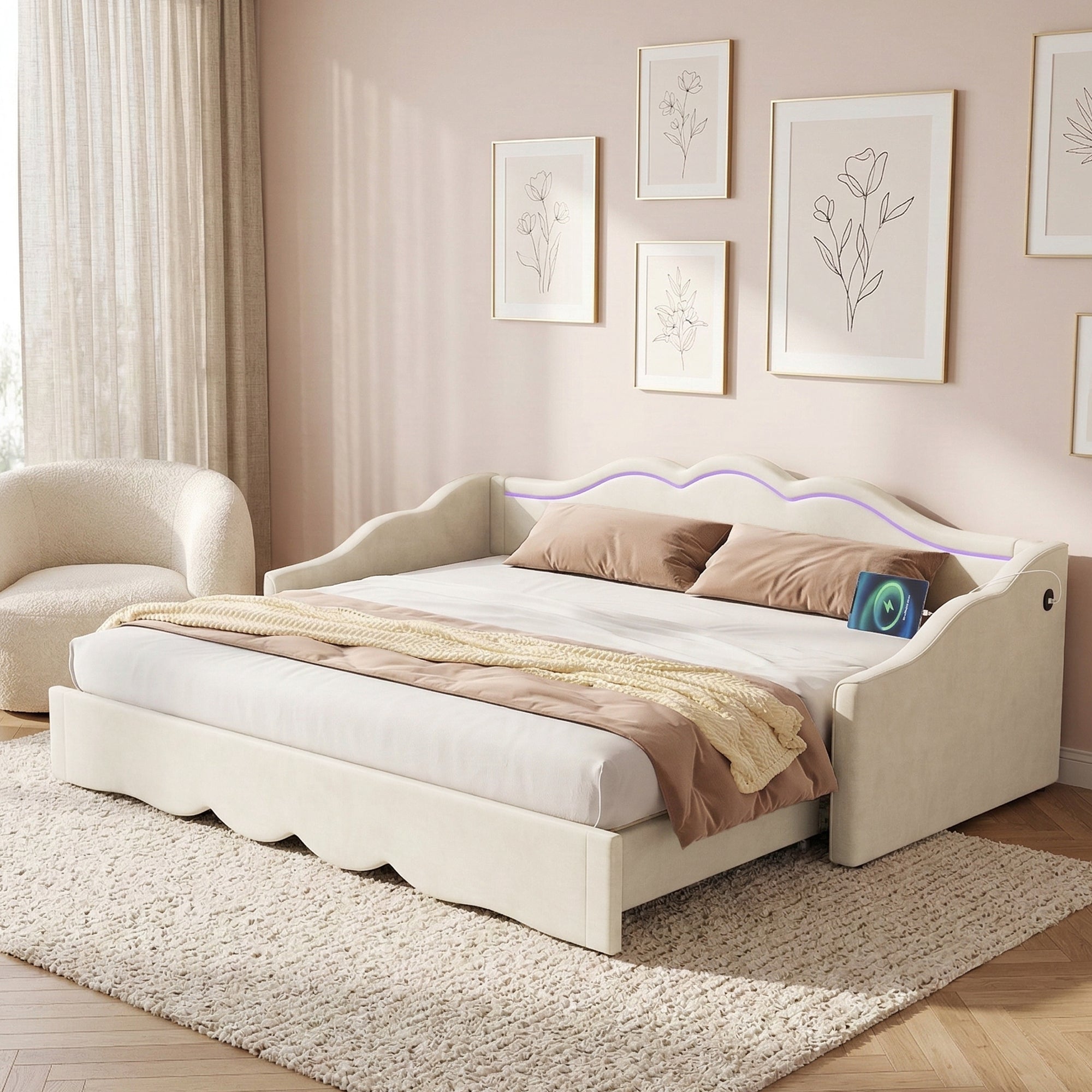 Upholstered Daybed, 90x200cm Extendable to 180cm with LED and USB Port, Beige Velvet