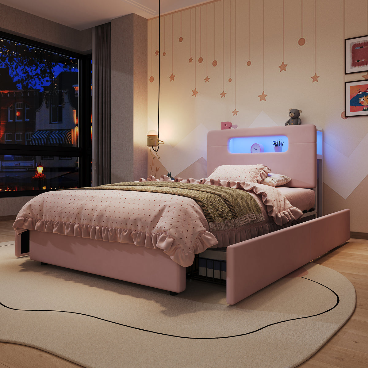 Children's Upholstered Bed 90x200cm with 4 Drawers & LED, Pink