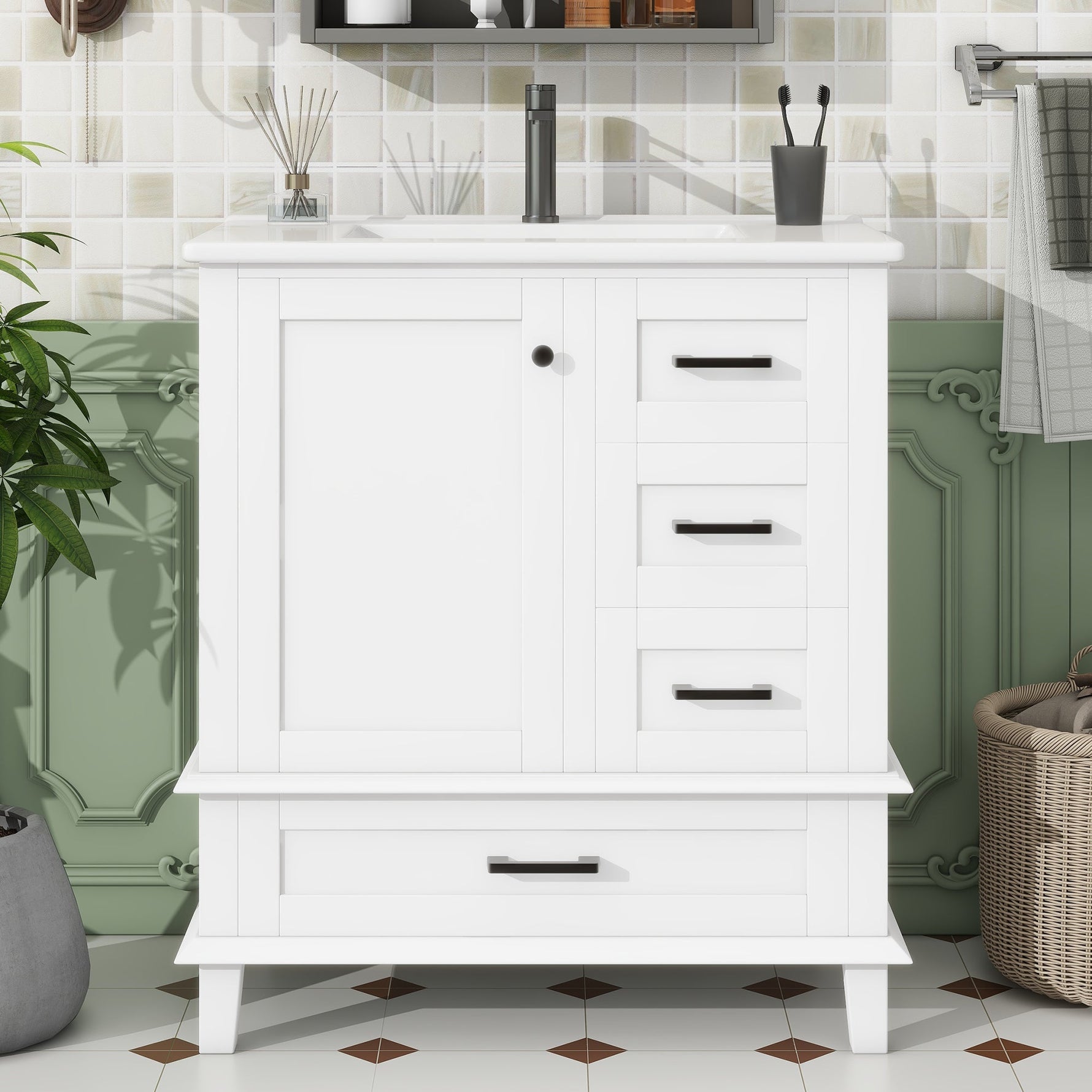 Bathroom Vanity Unit with Ceramic Sink and Three Silent Drawers, White