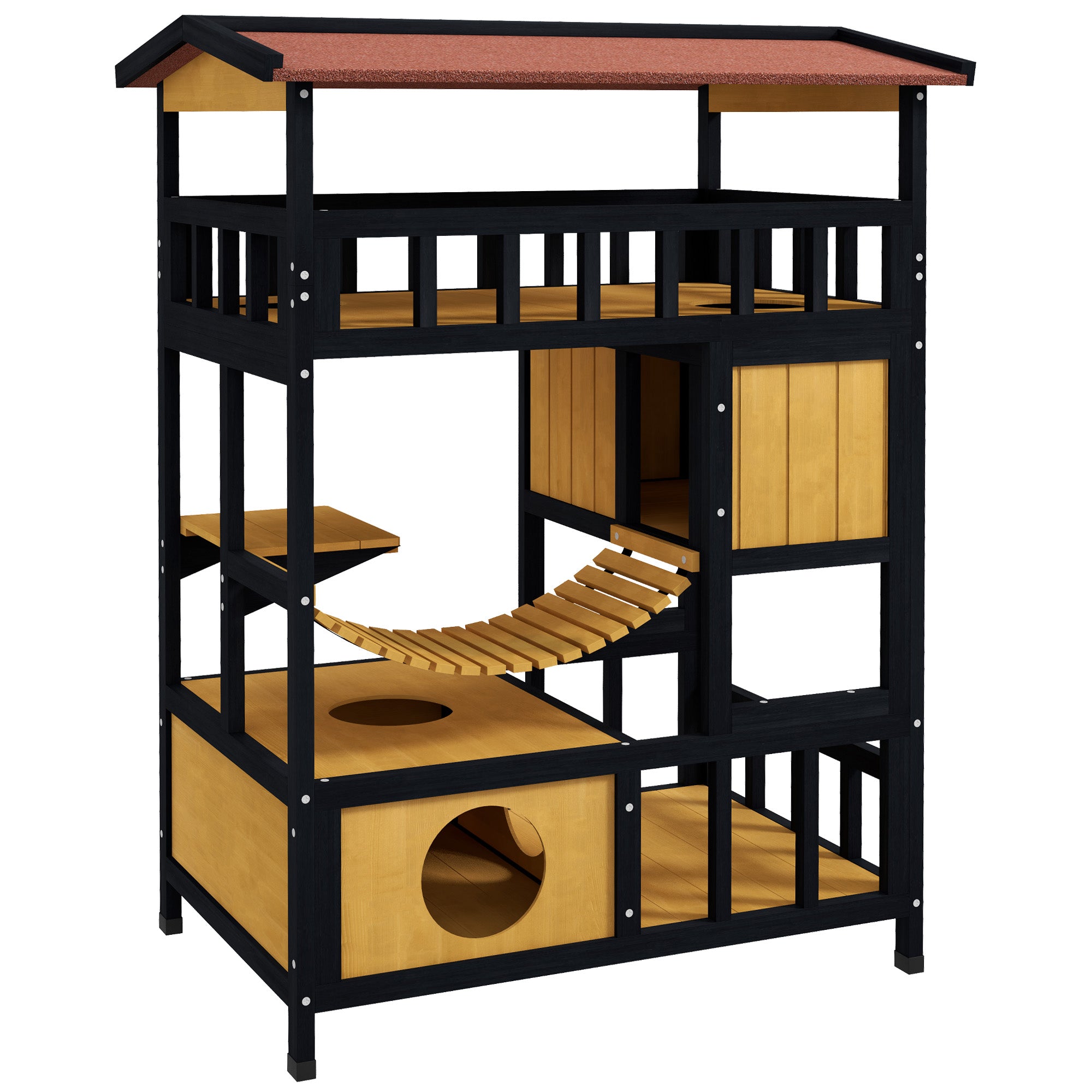 Cat House with Platforms, Hanging Bridge, 2 Cats, Wooden, Yellow