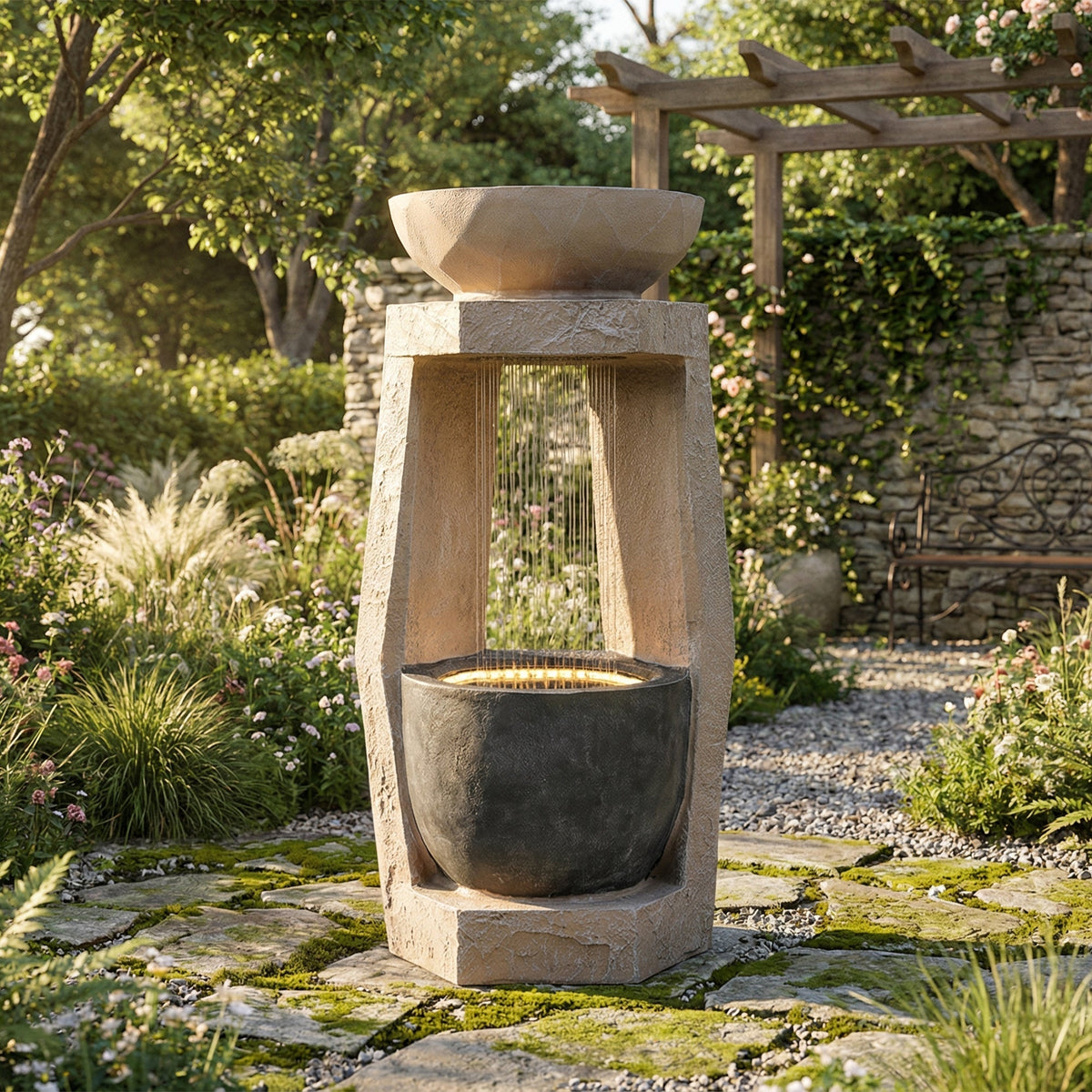 Garden Fountain with LED Lighting, Water Pump and Decorative Basin, Artificial Stone Beige