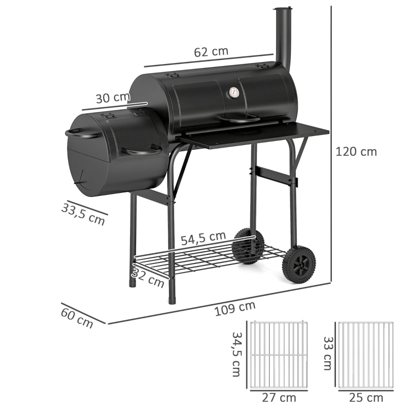 Charcoal Grill BBQ Smoker with Lid, Thermometer & Wheels, Steel