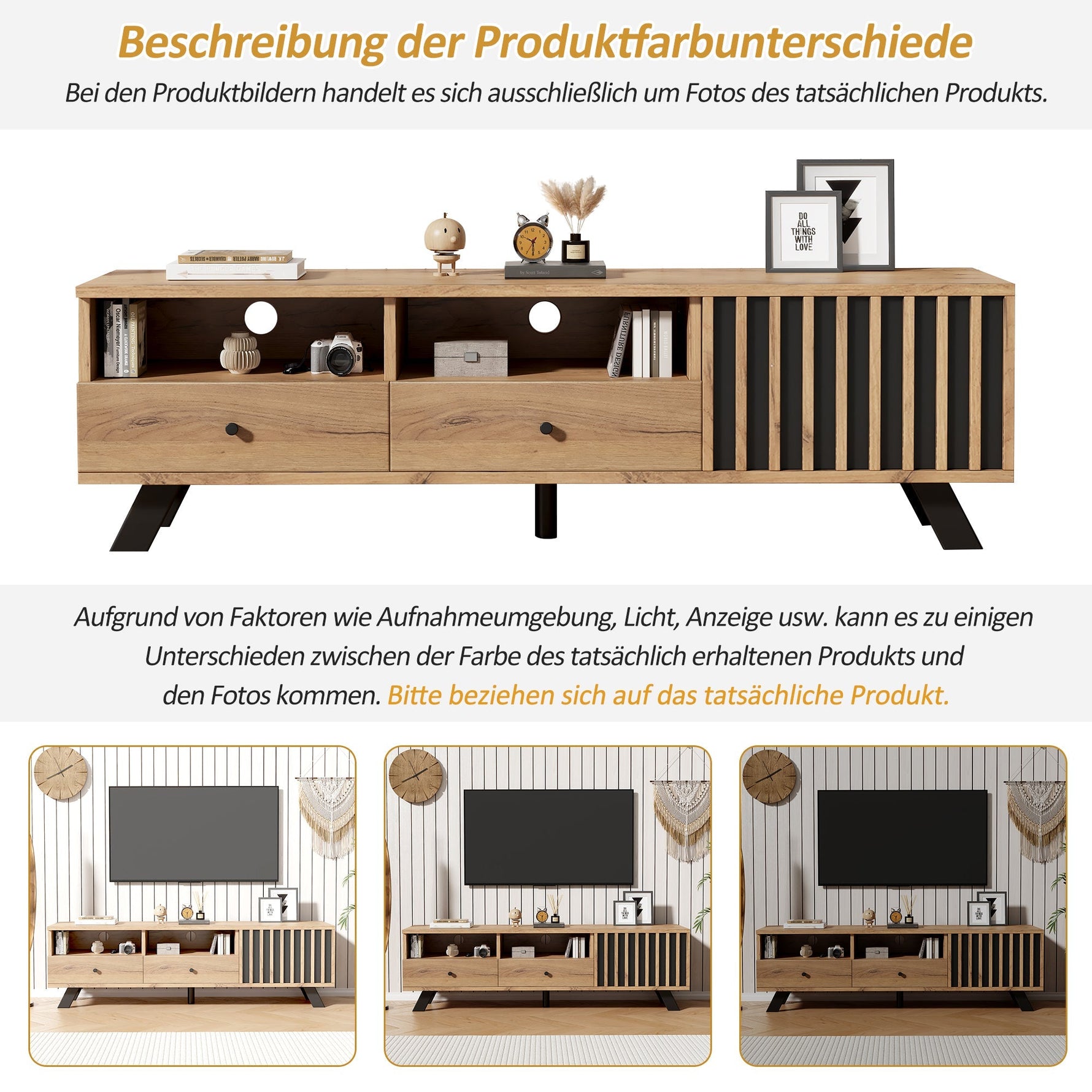 TV Cabinet 150cm with 2 Drawers, Lowboard for 60-inch TV, Wood Color