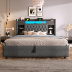 Upholstered Bed 180x200 with Hydraulic Storage & LED, Grey Linen