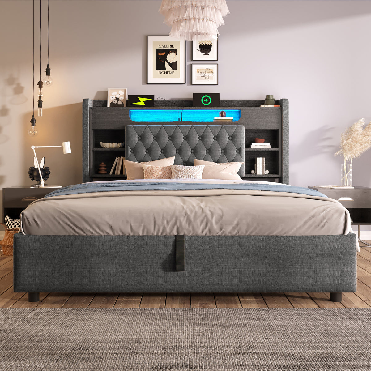 Upholstered Bed 180x200 with Hydraulic Storage & LED, Grey Linen