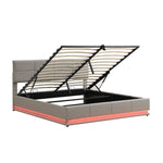 Upholstered Bed, 180x200cm LED & Hydraulic Storage, Faux Leather Light Grey