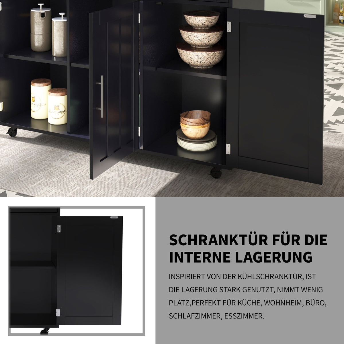 Dining Table Trolley with Folding Tabletop and Storage Cabinets, Black