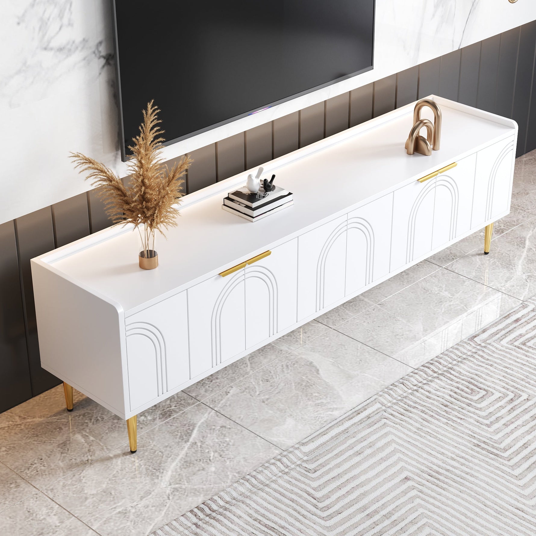 TV Cabinet Lowboard 170cm Textured Door Gold Handles/Feet