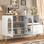 Sideboard Cabinet, 2 Drawers 2 Glass Doors Modern, White Gold Accents