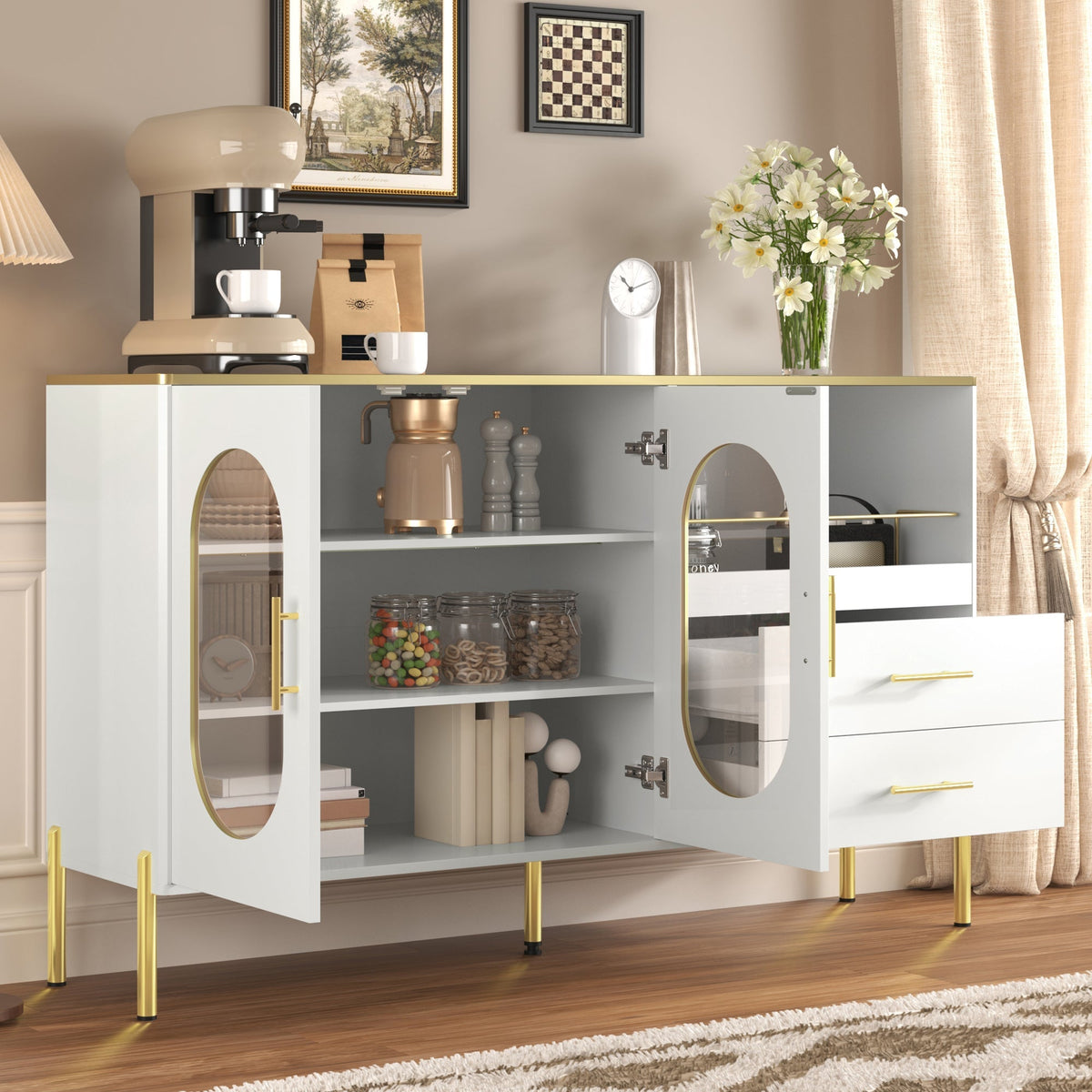 Sideboard Cabinet, 2 Drawers 2 Glass Doors Modern, White Gold Accents