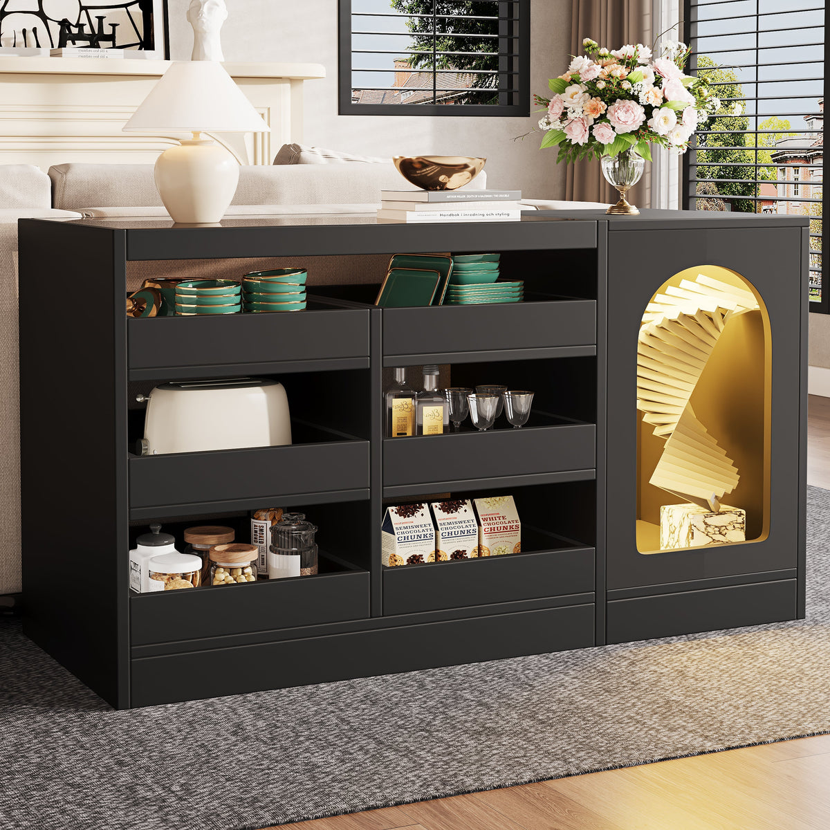 Chest of Drawers Cabinet, Modern 6-Drawer Hollow Door LED Light, Black