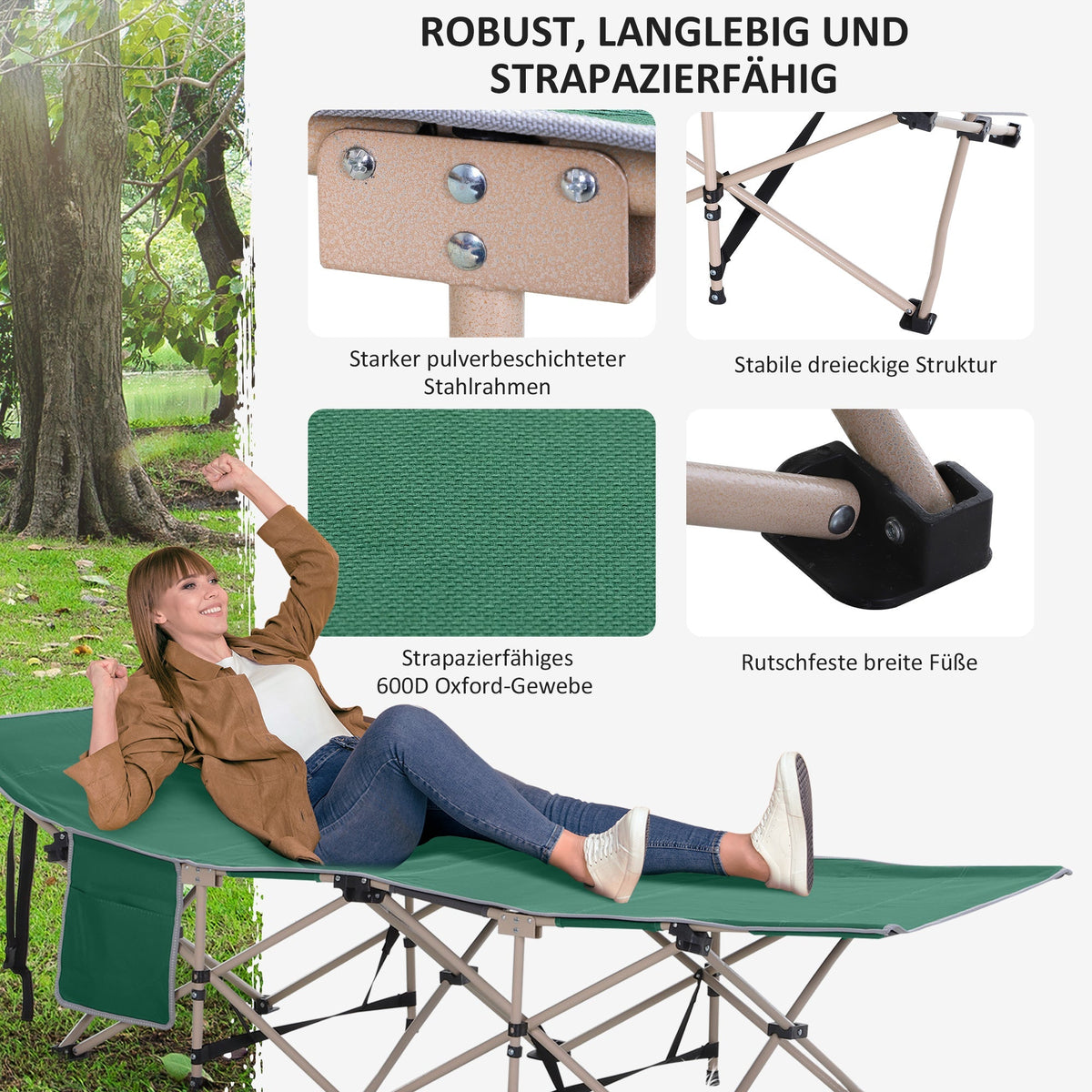 Folding Camping Bed Cot, Portable with Storage Bag 190x68x52 cm, Steel Oxford Green