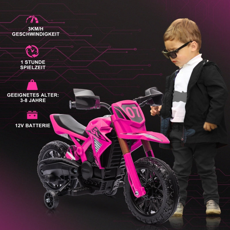 AIYAPLAY electric kids motorcycle with training wheels, horn, and starting sound, pink