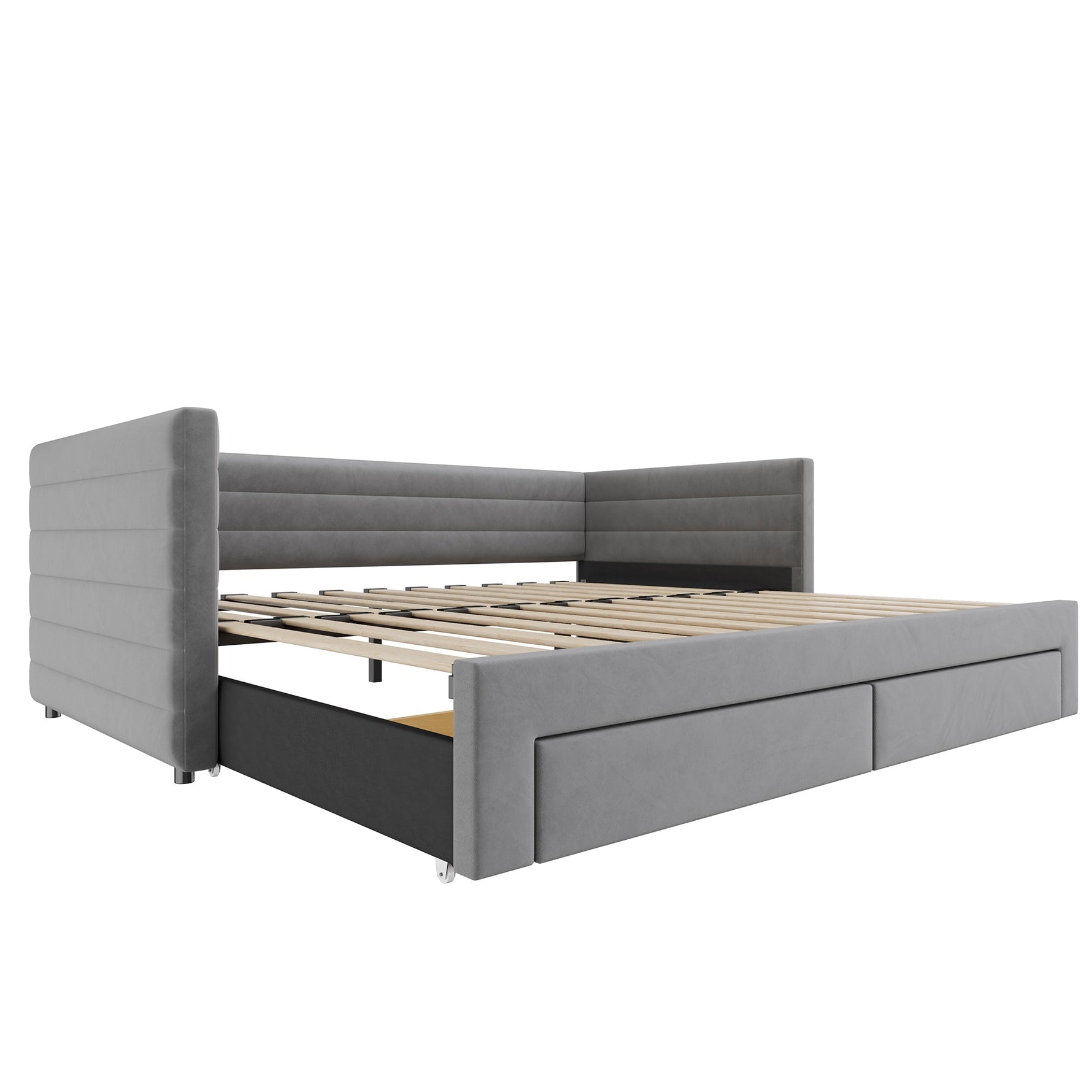 3-in-1 Upholstered Sofa Bed, Extendable with Drawers and Slatted Base, Grey Cotton and Linen