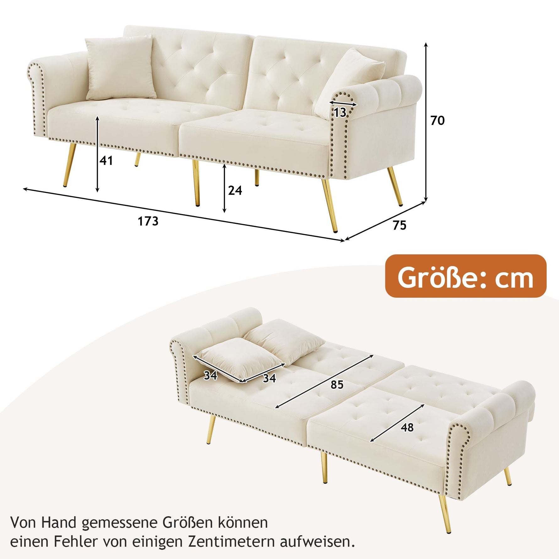2-Seater Sofa Bed 3-Position Adjustable Back Gold Legs - Velvet