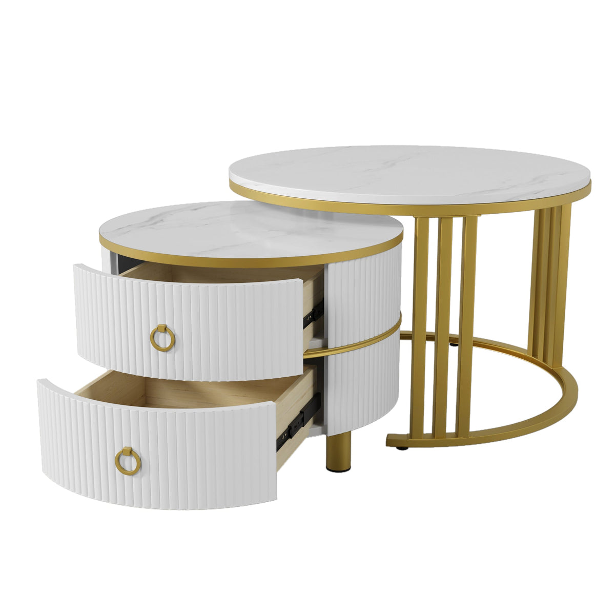 Coffee Table, 2-in-1 Round with 2 Drawers, White Marble & MDF