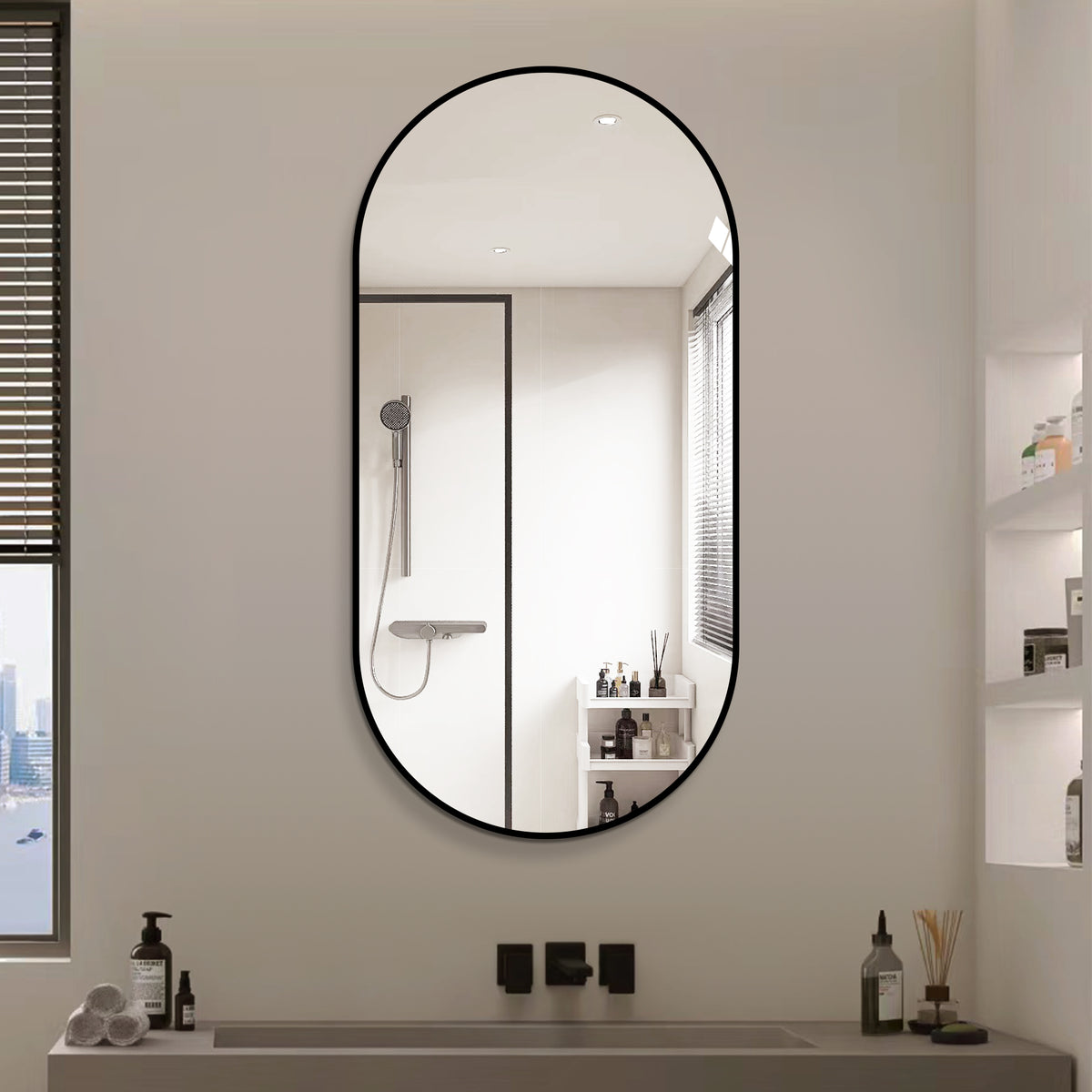 Capsule Wall Mirror 60x120 cm Modern Vanity, Black Aluminum Frame